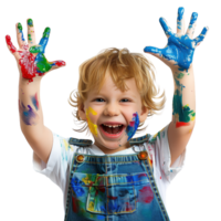 A young child with a joyful expression, hands held up and covered in various paint colors isolated on a transparent background png