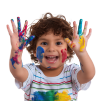 A young child with a joyful expression, hands held up and covered in various paint colors isolated on a transparent background png