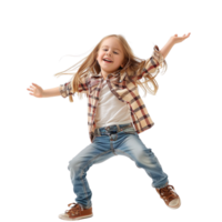 Little happy child kid girl in casual clothes dancing joyfully, isolated on a transparent background png