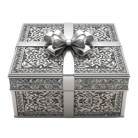 An elegant silver gift box adorned with intricate patterns isolated on a transparent background png