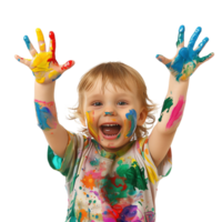 A young child with a joyful expression, hands held up and covered in various paint colors isolated on a transparent background png