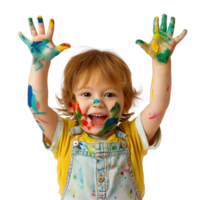 A young child with a joyful expression, hands held up and covered in various paint colors isolated on a transparent background png
