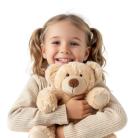 Little happy child kid girl, smiling and having fun while hugging a teddy bear plush toy, isolated on a transparent background png