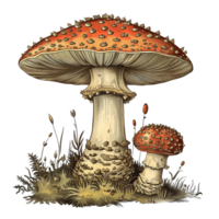 An intricately detailed mushroom image in the color style of old engravings, isolated on a transparent background png