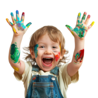A young child with a joyful expression, hands held up and covered in various paint colors isolated on a transparent background png