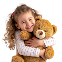 Little happy child kid girl, smiling and having fun while hugging a teddy bear plush toy, isolated on a transparent background png