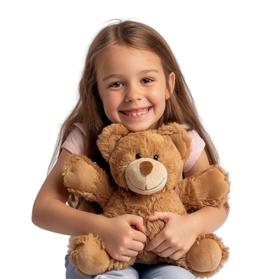 Little happy child kid girl smiling and having fun while hugging a teddy bear plush toy isolated on a transparent background 47394232 PNG