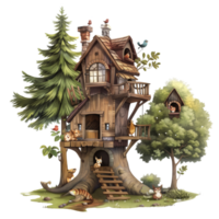 A whimsical cartoon treehouse nestled among tall trees, with friendly forest animals peeking out, isolated on a transparent background png