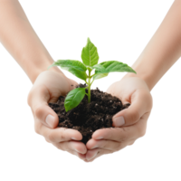 Hands cupping a delicate green seedling with soil, isolated on a transparent background png