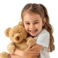 Little happy child kid girl, smiling and having fun while hugging a teddy bear plush toy, isolated on a transparent background png