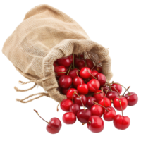 Ripe red cherries spilling out of a burlap sack, isolated on a transparent background png