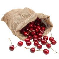 Ripe red cherries spilling out of a burlap sack, isolated on a transparent background png