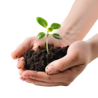 Hands cupping a delicate green seedling with soil, isolated on a transparent background png