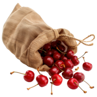 Ripe red cherries spilling out of a burlap sack, isolated on a transparent background png