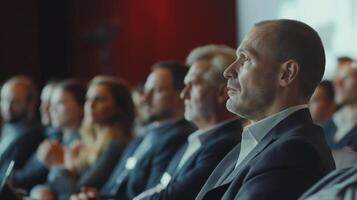 Business concept. Employees listening to the meeting where the company determines its customer target audience. Employees watching company presentation. photo
