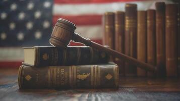 A judge's gavel with a blurred flag of United States in the background. Background representing the United States Legal System. photo