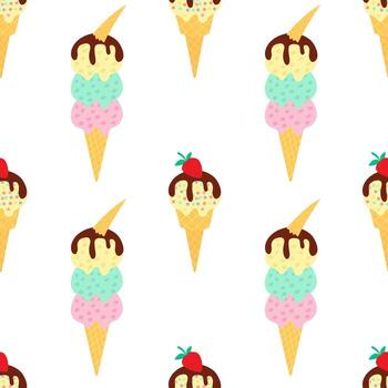 Ice cream in waffle cones seamless pattern. Flat Ice cream with chocolate glazing in cone pattern vector