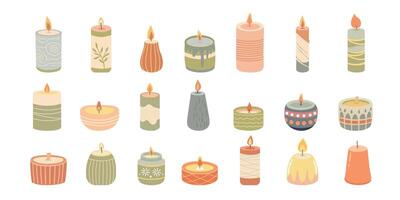 Set of candles in scandinavian style. Various Candles. Different shapes and sizes. illustration. vector