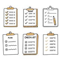 Doodle checklist set. To do, task list with check mark illustration. Hand drawn sketch style memo page. vector