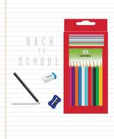 Back school retro banner. Back to school. Education concept, pencil, color pencil box, eraser, sharpener and a notebook, illustration. vector