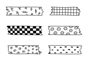 Doodle set of washi tape stripes with squiggle, geometry and cute pattern. Adhesive tape with black and white ornament. Trendy decorative scotch tape with ragged edges for scrapbook, planner, design. vector
