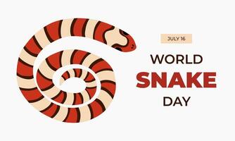 Simple horizontal banner for World Snake Day at 16th of July with rolled elapidae snake, typography. Holiday template for website, poster, background to raise awareness about importance of snakes. vector