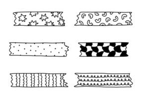 Doodle set of washi tape stripes with squiggle, geometry and cute pattern. Adhesive tape with black and white ornament. Trendy decorative scotch tape with ragged edges for scrapbook, planner, design. vector