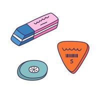Cute colorful doodle set of pencil erasers for work, study in university. Classic, round, triangle rubber set for drawing, writing, correcting. School supply for kids with hand drawn outline vector