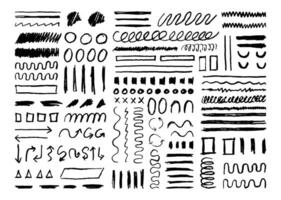 Hand drawn pen scribble set. Abstract rough strokes element bundle. Wavy and straight lines, circle, square frame, oval, triangle, arrows, parallelogram, and curve shape templates. vector