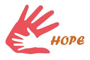 Conceptual banner for helping children. The hand of an adult with the small palm of a child, a symbol of help and salvation for children all over the world. Volunteer background template. vector