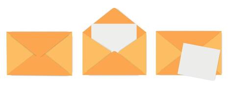 Set of yellow postal envelopes in yellow color on a white background. Mail envelope closed and open with white note paper. design element. vector