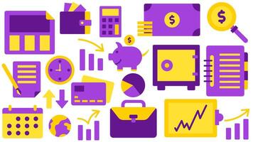 Business Commerce Elements - Newspaper Wallet Calculator Money Coin Search Dollar Sign File Clock Graph Analytic Piggy Bank Strongbox Diary Calendar Earth Suitcase Clipboard Time Pie Chart Card Debit vector
