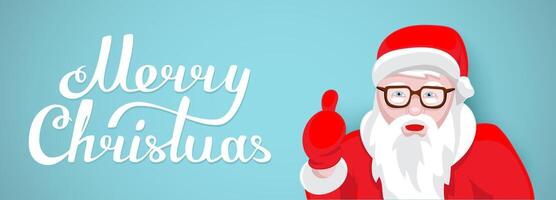 Modern Santa Claus illustration cool funny style character portrait with thumb up. Happy New Year greeting card design element. Cartoon lettering Merry Christmas decoration isolated. vector