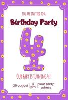 Baby fourth birthday party invitation with number 4. Greeting card concept. vector