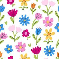 Seamless pattern with colorful simple flowers of different shapes on a white background. graphics. vector