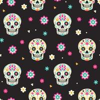 Sugar skulls and flowers on a dark background seamless pattern. graphics. vector