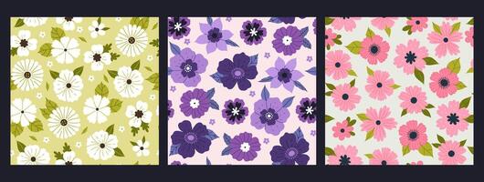 Set of seamless patterns with flowers of different shapes and colors. graphics. vector