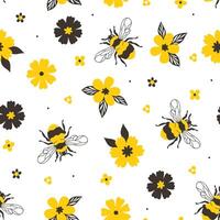 Seamless pattern with bumblebees and yellow flowers on a white background. graphics. vector