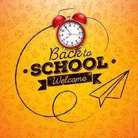 Back to school design with red alarm clock and typography on yellow background. education concept illustration with hand drawn doodles for greeting card, banner, flyer, invitation, brochure or vector