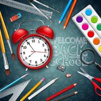 Back to school design with red alarm clock and typography on black chalkboard background. illustration with education elements for greeting card, banner, flyer, invitation, brochure or vector