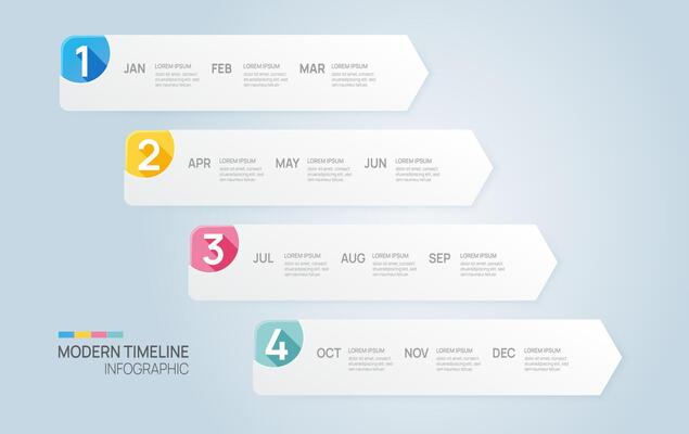 label step timeline infographic arrow template. Modern timeline diagram calendar and 4 quarter topics, infographics.
