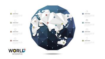 Geometric Globe world map template with infographic elements, pointer marks. vector