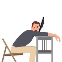 Burnout. Professional burnout syndrome. Tired man manager with low energy working on computer. vector