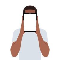 Young bearded businessman holding a blank digital tablet. vector