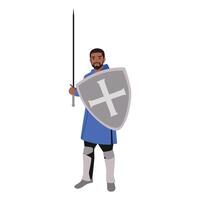 Bearded medeival warrior or knight in armor and helmet with shield and sword. vector