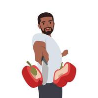Midsection of bearded man cutting bell peppers with knife and style. vector