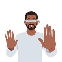 Frightened man blindfolded trying to grope road of action in blind. vector