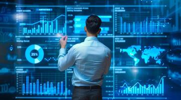 Business Analysis concept. Business analyst using graphs and data to analyze market trends photo