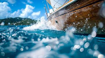 Close up low angle view of sailboat yacht in the ocean with a splash of water photo
