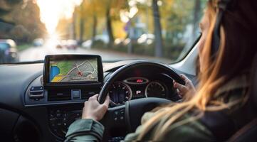 A woman is driving a car with a GPS system on the dashboard. Smart navigation technology. photo